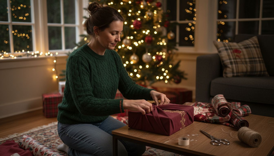 Woman wrapping Christmas gift with reusable fabric