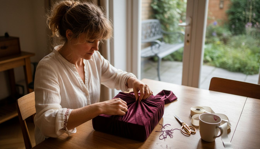 Woman wraps gift in velvet fabric at table