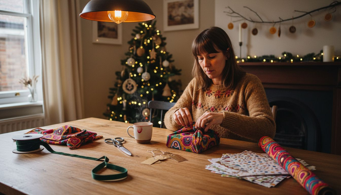 Woman wrapping gift with embroidered fabric