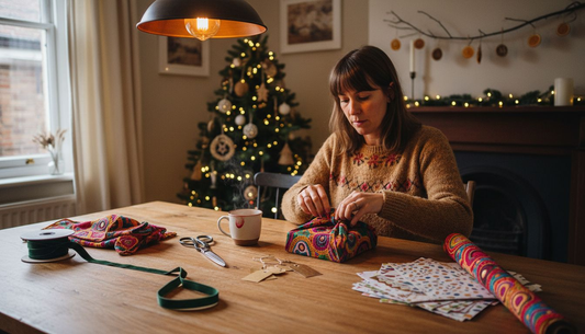 Woman wrapping gift with embroidered fabric