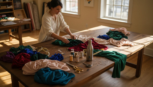 Person arranging luxury fabrics at table