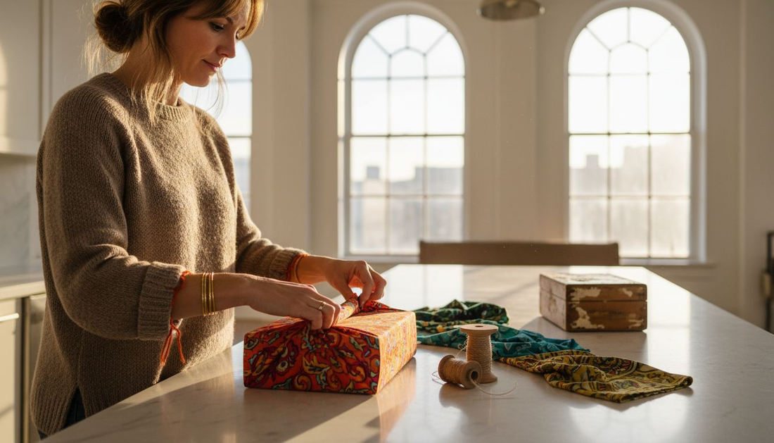 Woman wrapping gift with eco fabric wrap