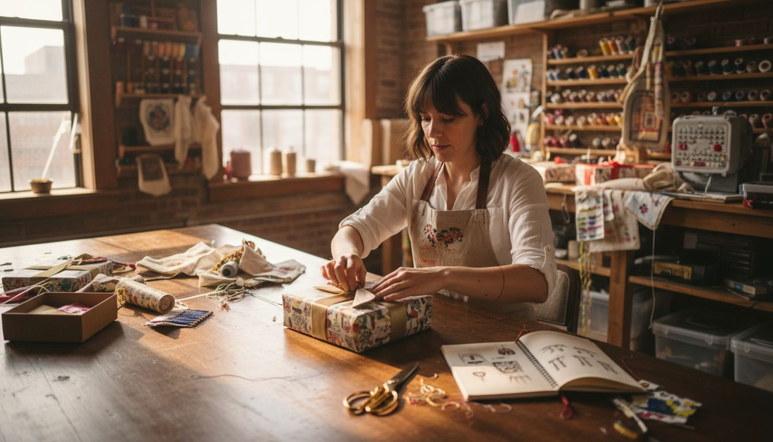 Artisan arranging luxury embroidered gift wrap