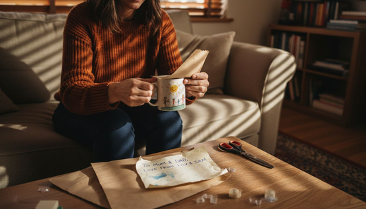 Woman wrapping personalised mug in cozy home
