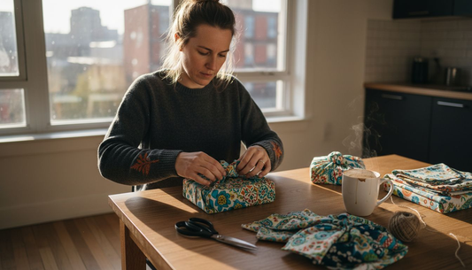 Woman wrapping gift with reusable fabric
