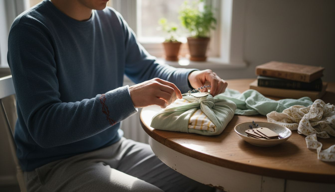 Parent assembling fabric-wrapped newborn gift