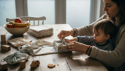 Mother and child wrapping eco-friendly fabric gift