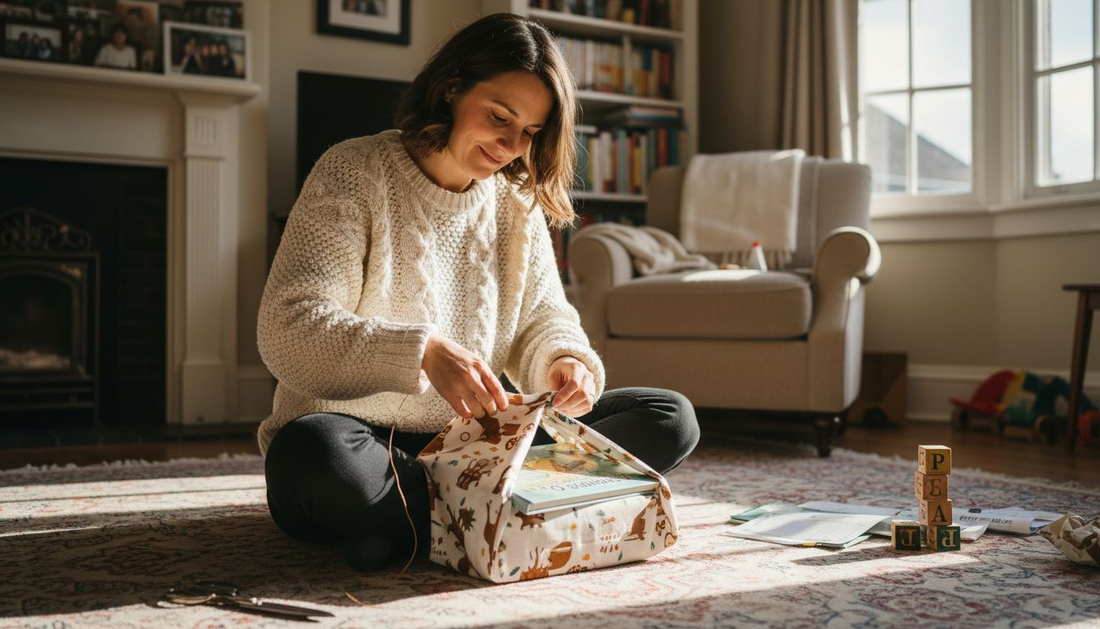 Parent using reusable fabric wrap for eco gifting