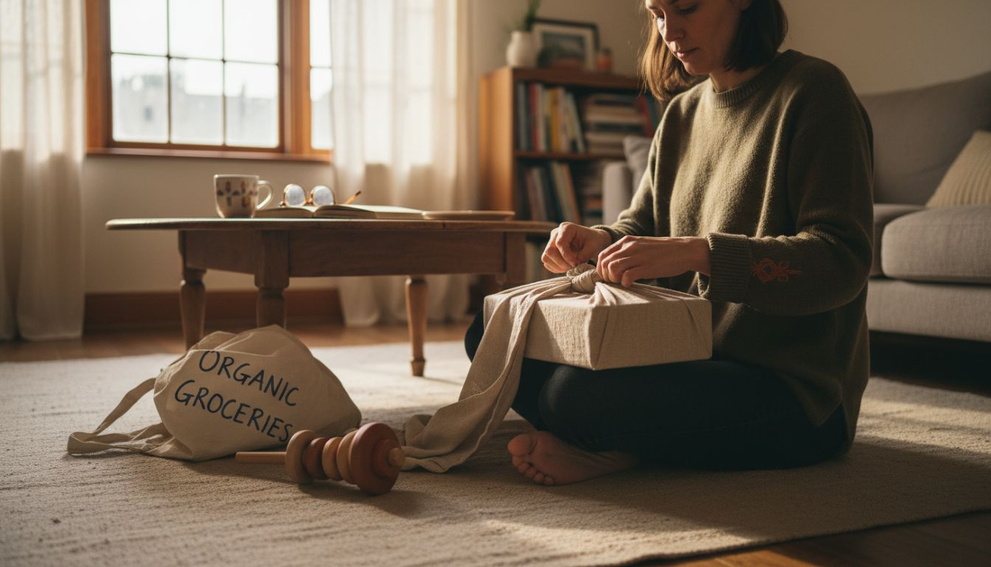 Woman wrapping gift in reusable fabric at home