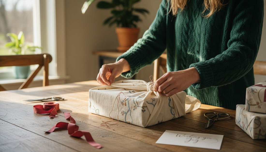 Woman wrapping gift in luxury reusable fabric