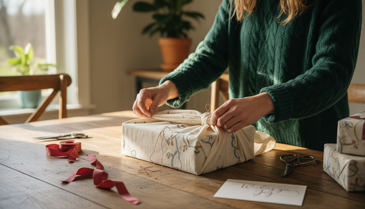 Woman wrapping gift in luxury reusable fabric
