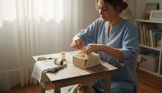 Mother tying newborn gift with fabric wrap