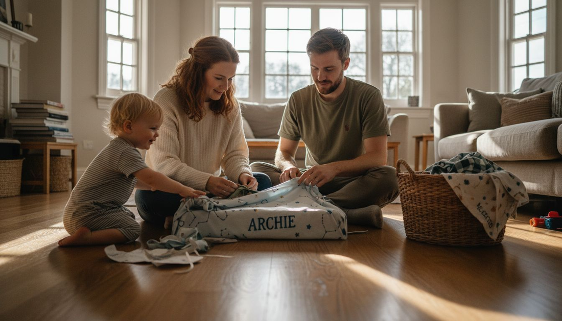 Eco-conscious parents wrapping gifts with reusable fabric