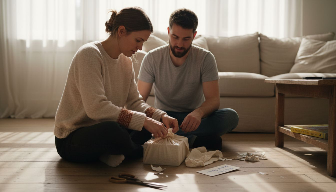Family wrapping newborn gift in fabric wrap