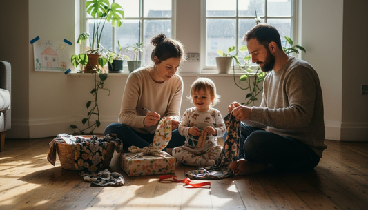 Family wrapping gifts with fabric at home
