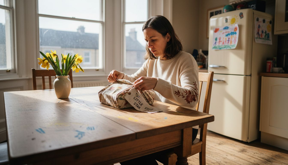 Mother wrapping gift in luxury reusable fabric