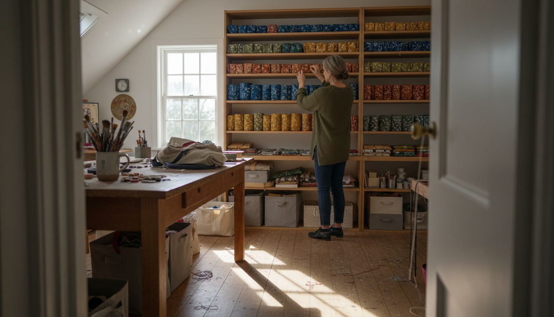 Woman sorting fabric gift wraps on shelves
