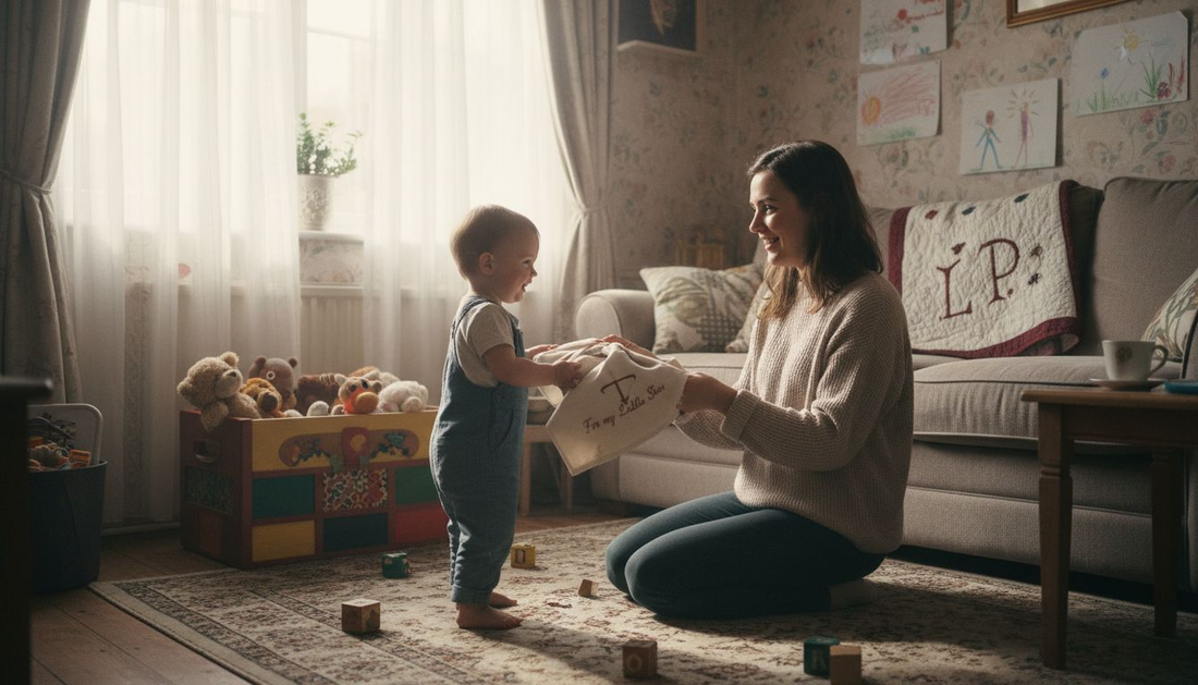 Mother gifting embroidered wrap to toddler