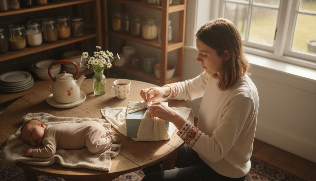 Mother wrapping baby gift with fabric wrap