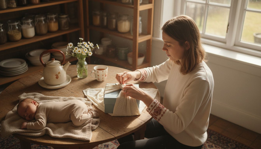 Mother wrapping baby gift with fabric wrap