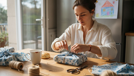 Woman wrapping gift with reusable fabric