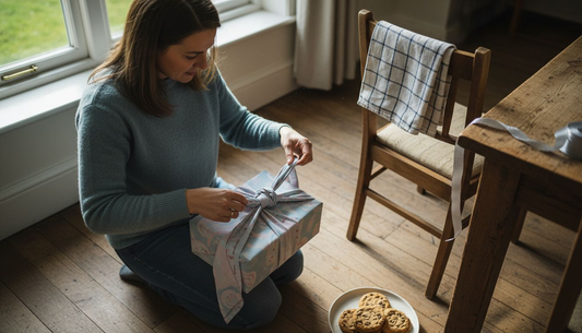 Woman wrapping gift in sustainable fabric