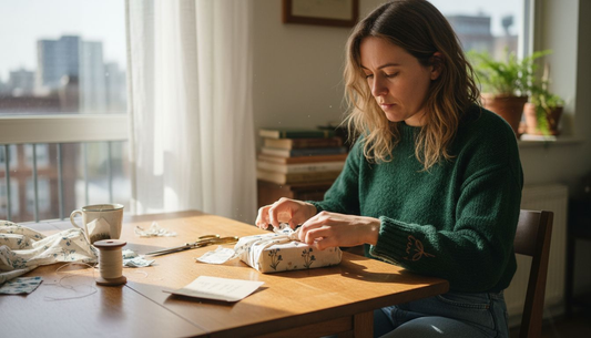 Woman embroidering eco-friendly fabric gift wrap