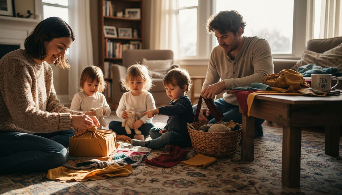 Family wrapping gifts with reusable fabric