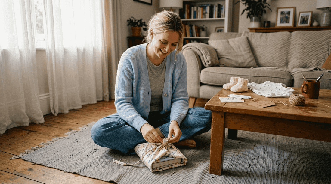 Mother wrapping newborn gift with fabric wrap