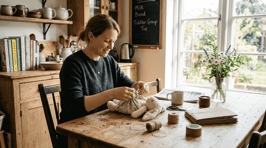 Parent wrapping gift in eco-luxury fabric wrap