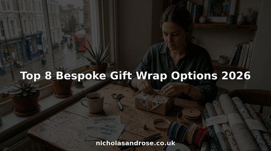 Woman arranging bespoke reusable gift wraps on table