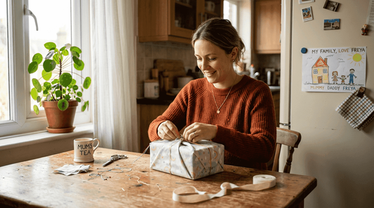 Parent wrapping gift with fabric at kitchen table