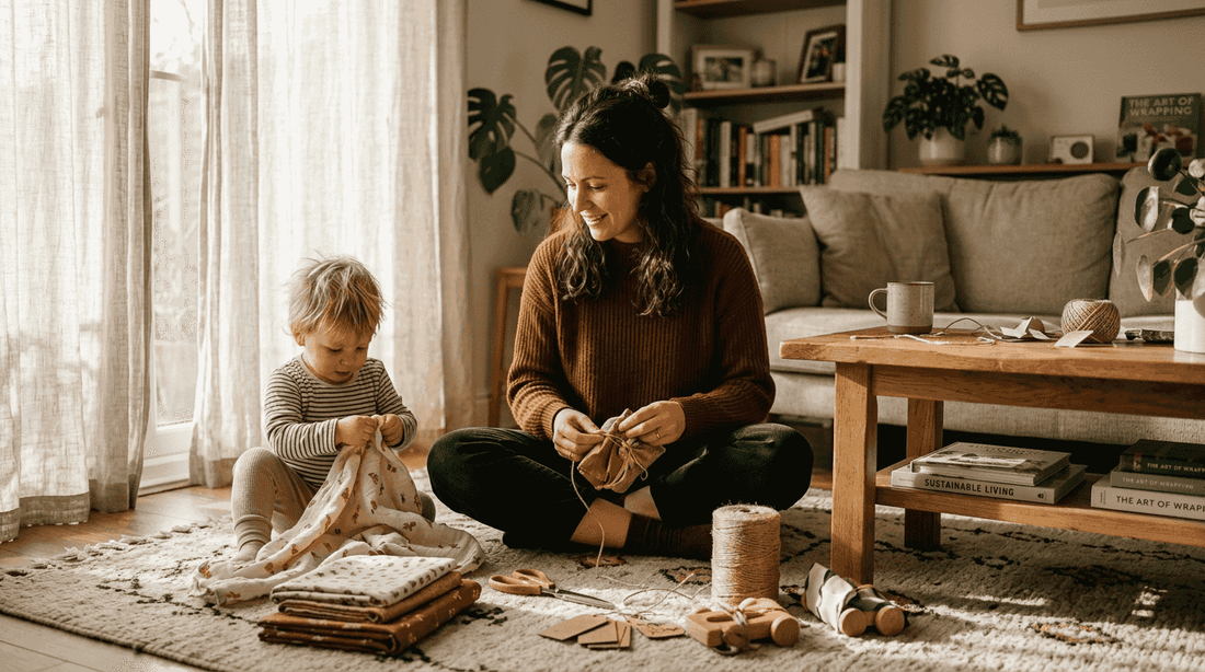 Eco-conscious parent assembling gift wrap materials