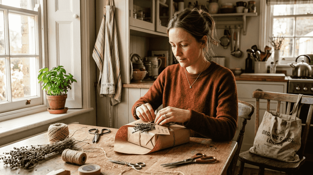 Wrapping gifts with recycled kraft paper at kitchen table