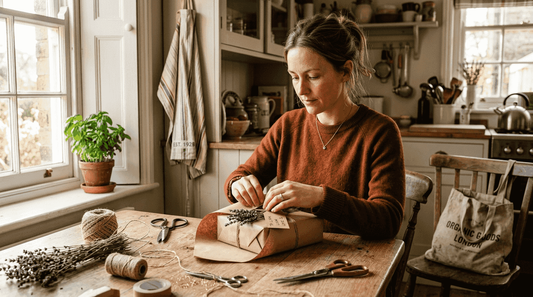 Wrapping gifts with recycled kraft paper at kitchen table
