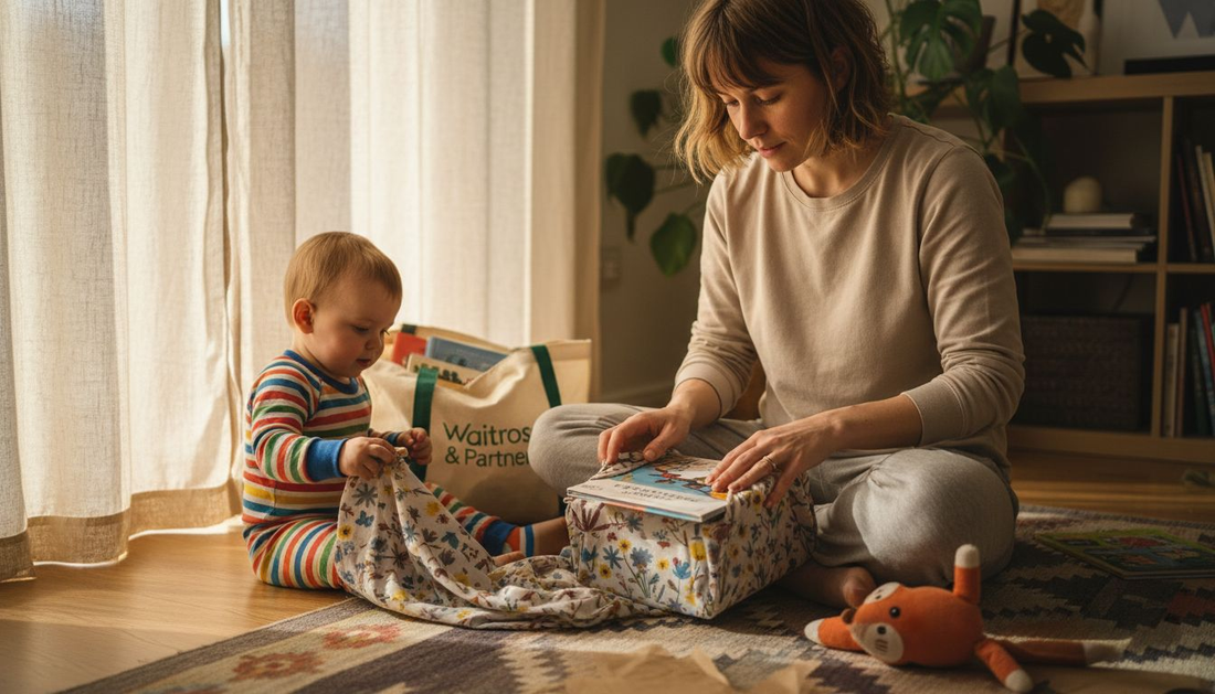 Mother wrapping gift in fabric wrap with child