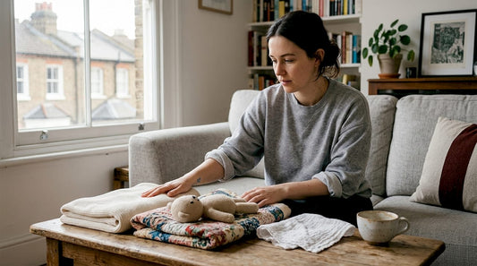 Mum examining sustainable fabric gift options