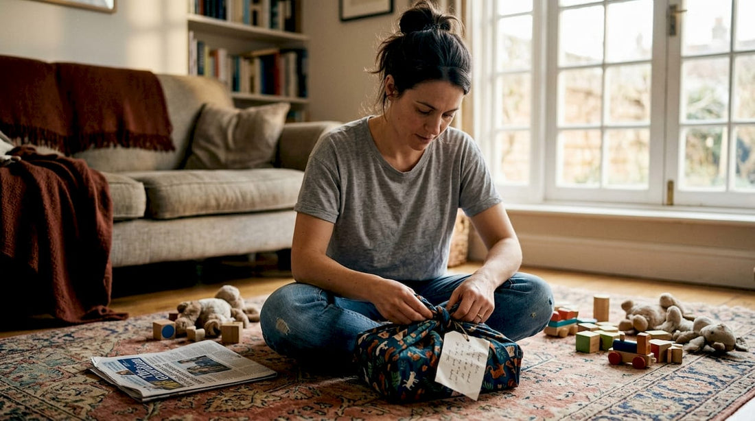 Parent wrapping a gift with textiles
