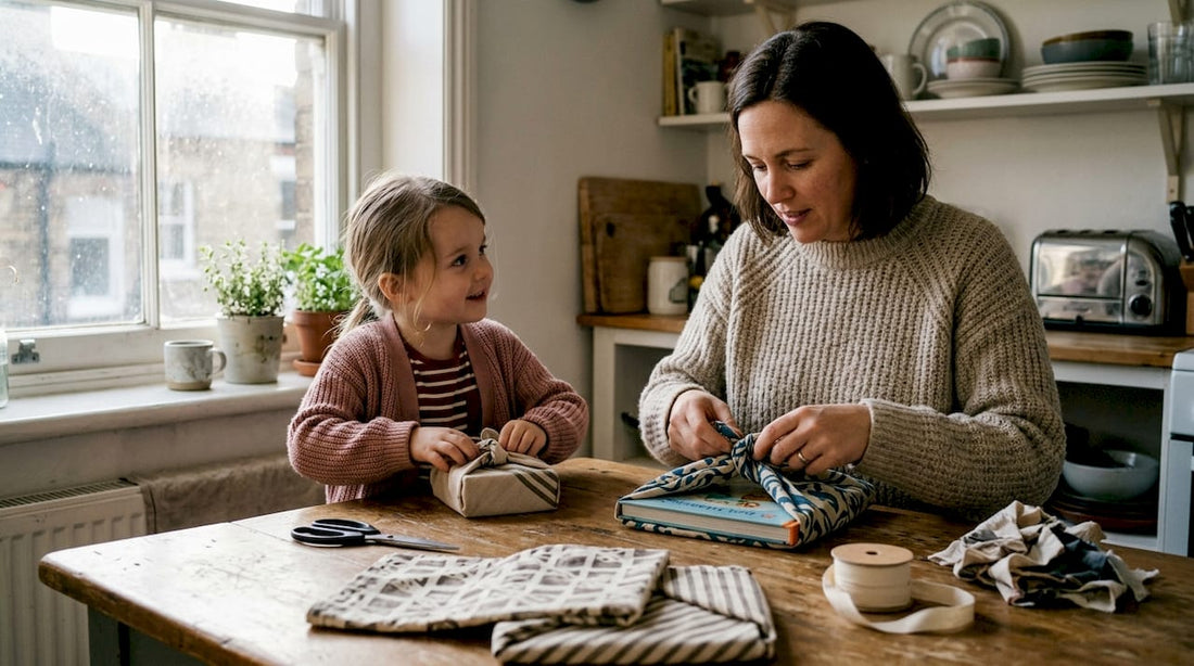 Mother and daughter wrapping gifts with fabric
