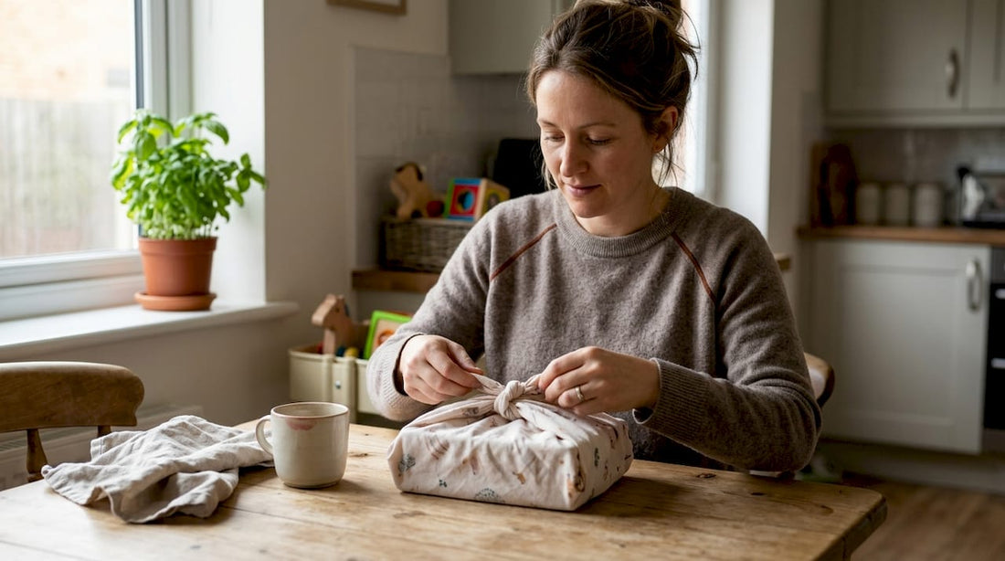 Woman fabric wrapping a gift at kitchen table