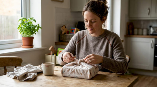 Woman fabric wrapping a gift at kitchen table