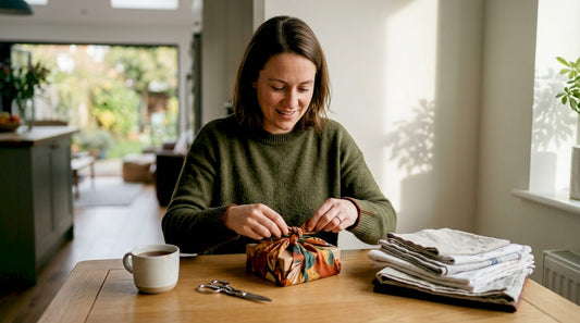 Woman wrapping gift with reusable fabric