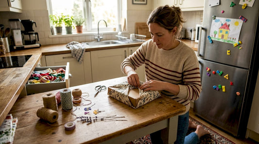 Woman folding fabric around gift on kitchen table