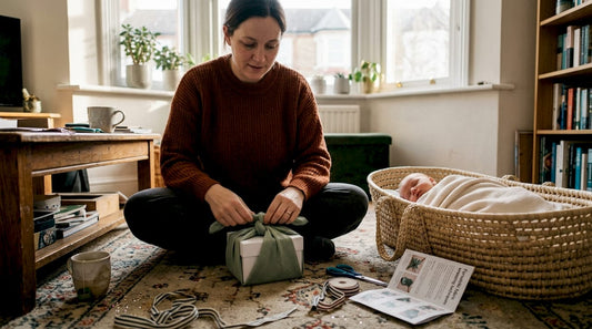 Parent wrapping newborn’s eco-friendly Christmas gift