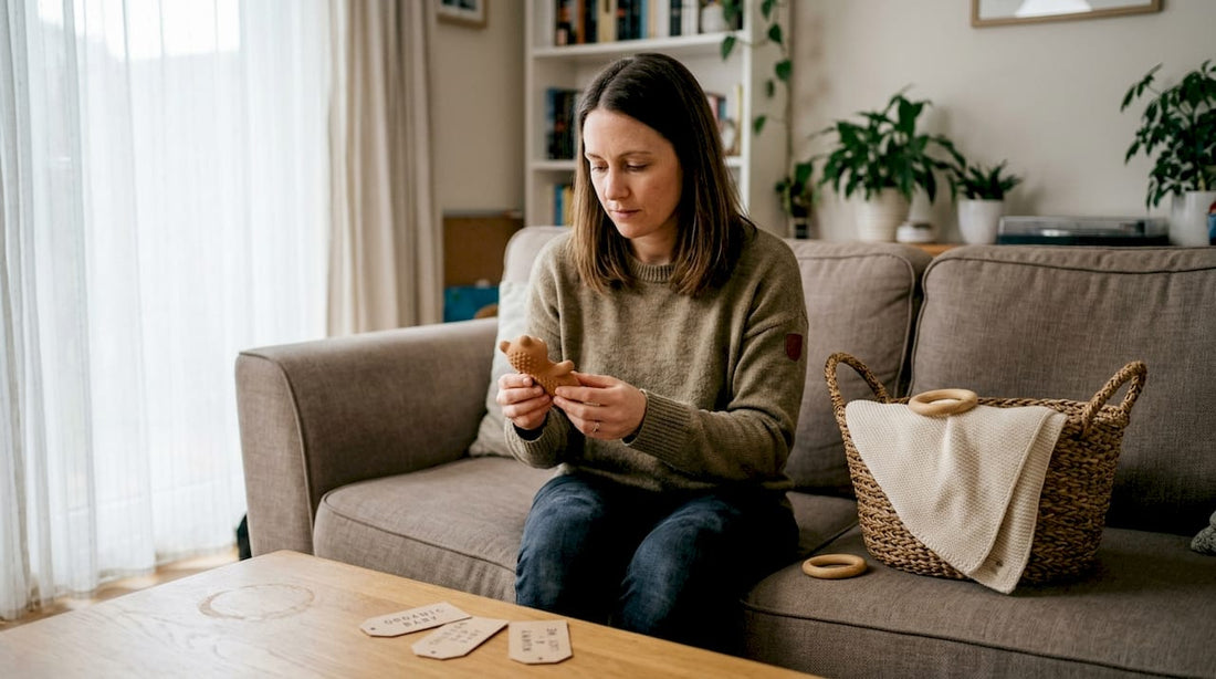 Mother examines eco-friendly baby gifts