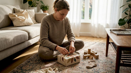 Parent wrapping gift with embroidered fabric wrap
