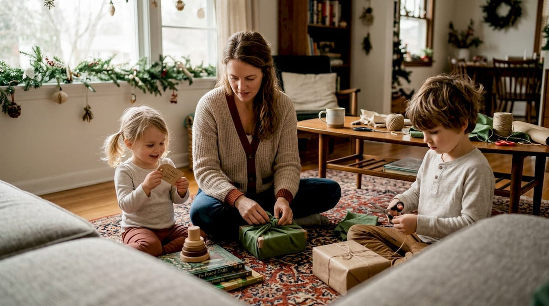 Family wrapping gifts with sustainable materials