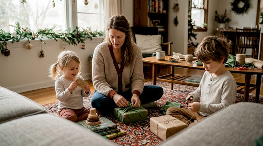 Family wrapping gifts with sustainable materials