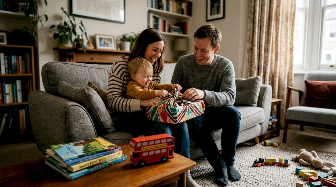 Family opening eco-friendly wrapped gifts at home