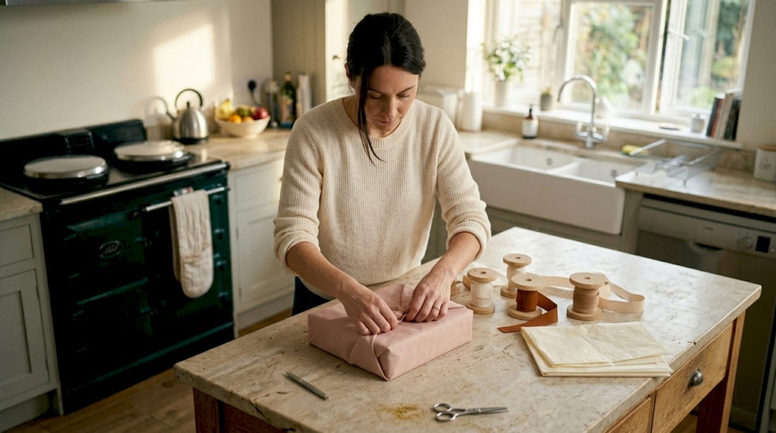 Woman wrapping luxury gift with fabric in kitchen